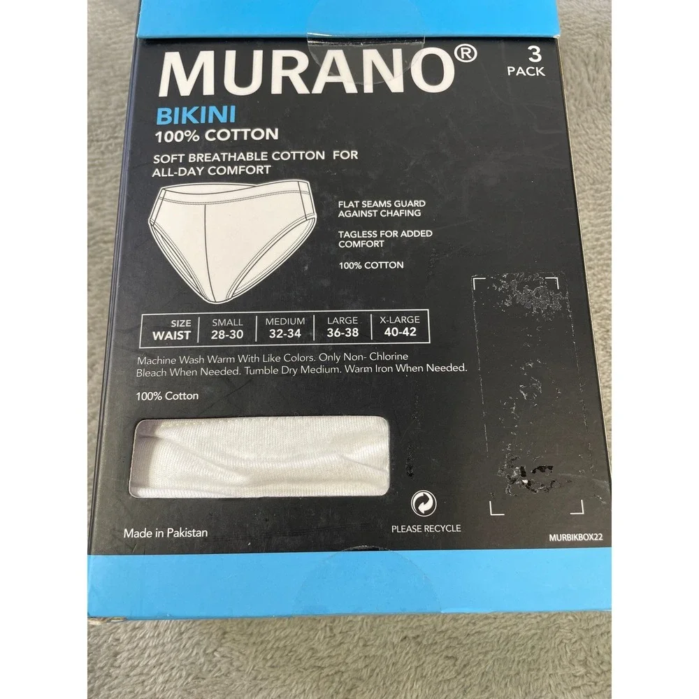Murano Bikini Briefs 3 Pack Mens‎ XL 40-42 White 100% Cotton Tagless
